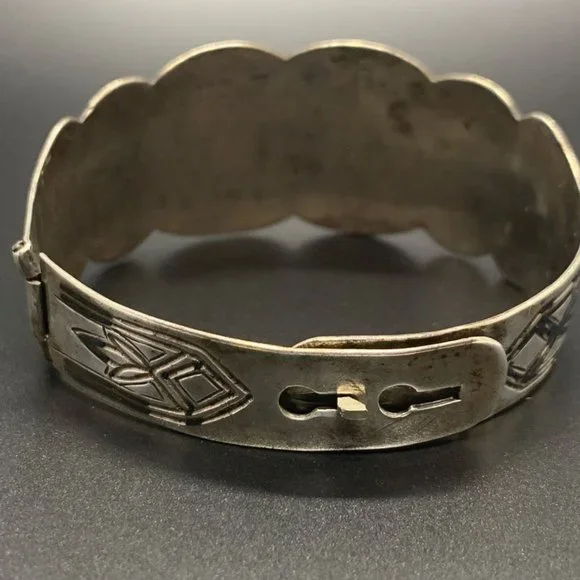 Vintage Sterling Silver Niello Hinge Cuff Bangle Boho Bracelet Flower Inlay - Picture 5 of 9